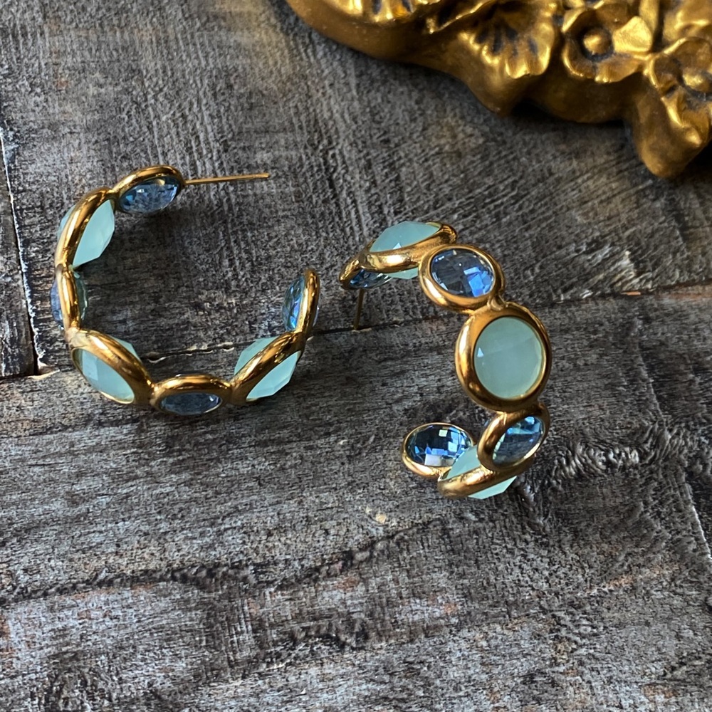 NEW Gold & Blue Stones Chunky Hoop Earrings - Picture 14 of 16